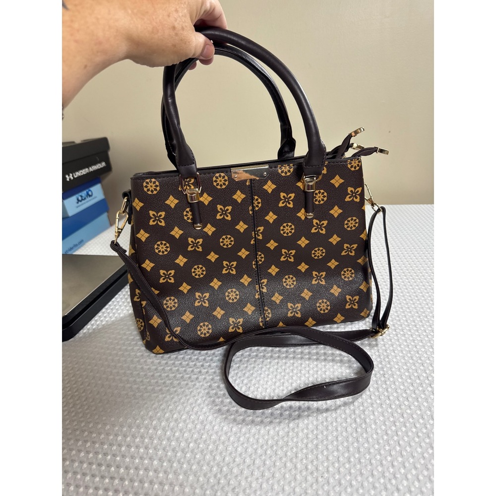 Satchel Bag Brown Faux Leather Monogram Print EUC